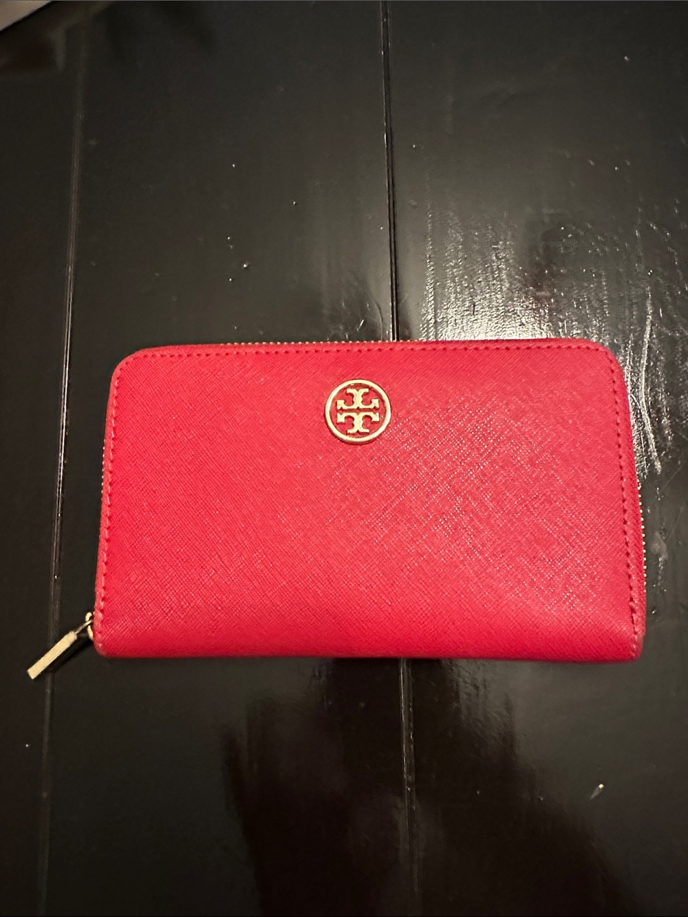 Tory Burch Red Zip-Around Saffiano Leather Wallet with Gold Logo